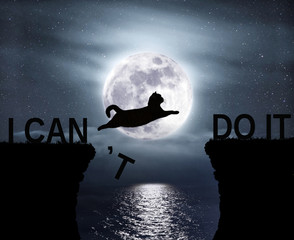 the brave cat jumping over the abyss. i can do it. positive attitude and motivation
