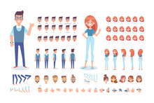 Front, Side, Back, 3/4 View Animated Characters. Young People Creation Set With Various Views, Hairstyles And Gestures. Cartoon Style, Flat Vector Illustration.