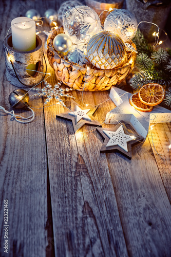 Fotografie, Obraz Christmas decoration for tree New year greeting card at old