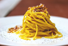 Spaghetti Alla Carbonara With Guanciale, Eggs And Pecorino Cheese