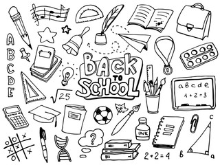 Wall Mural - Back to School with hand drawn school supplies. Doodle lettering and school object collection. Sketch icon set. Kids style ink background. Education Concept. Vector illustration.