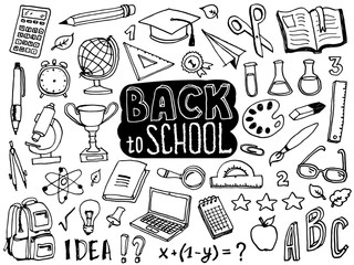 Wall Mural - Back to school doodle elements. Lettering and school supplies collection. Sketch icon set. Vector illustration.