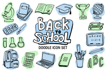 Wall Mural - Back to school icon set. Doodle elements. Lettering and school supplies sketch collection. Vector illustration.
