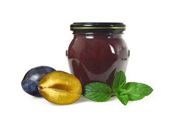 Wall Mural - Plum jam jar isolated on white background