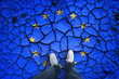 Top view of a person standing on damaged cracked soil ground with painted European Union flag. Point of view perspective used. Conceptual EU disintegration background.