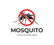 Mosquito in red circle with ban, logo design. Insect bloodsucking, nature and wildlife, vector design