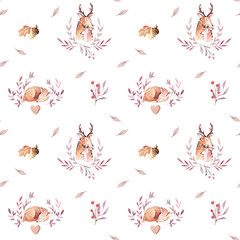 Cute watercolor baby deer animal seamless pattern, nursery isolated illustration for children clothing, patterns. Watercolor Hand drawn boho image Perfect for phone cases design, nursery posters