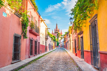 Beautiful Streets And Colorful Facades Of San Miguel De Allende In Guanajuato, Mexico