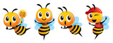 Fototapeta Fototapety na ścianę do pokoju dziecięcego - Cartoon cute bee mascot set. Cartoon cute bee showing victory sign, holding a honey dipper and wearing cap. Vector illustration isolated
