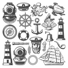 Nautical Symbols And Marine Sailing Vector Icons