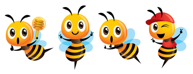 cartoon cute bee mascot set. cartoon cute bee showing victory sign, holding a honey dipper and weari