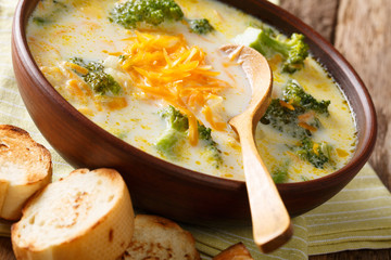 Wall Mural - broccoli cheese soup served with toasted bread close-up in a bowl. horizontal