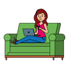 Sticker - young woman at sofa with laptop and smartphone