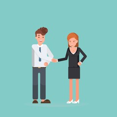 busines male female shake hands. Template for banner or infographics. Vector illustration.