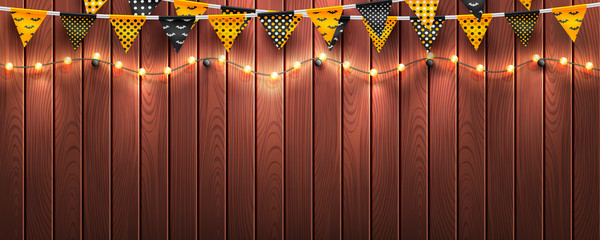Wall Mural - Halloween background with string light and Halloween buntings on wood background.Website spooky or banner template.Vector illustration EPS10