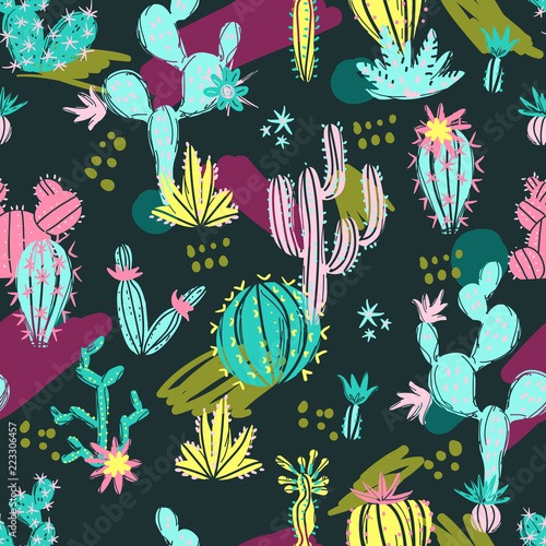 Fotomural Vector illustration of hand drawn cactus. Seamless pattern. Brig