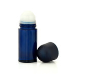 Dark Blue Glass Roll-on Deodorant Bottle For Men And Women Isolated On White Background, Copy Space
