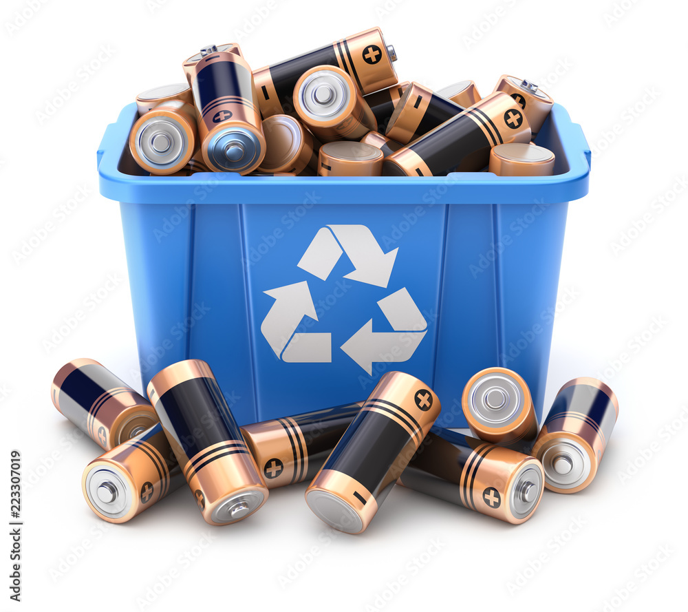 Batteries in blue recycle crate on white background  - obrazy, fototapety, plakaty 