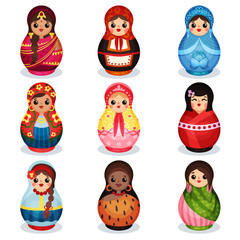 Nesting dolls set, wooden matryoshka in colorful costumes of different countries vector Illustration isolated on a white background