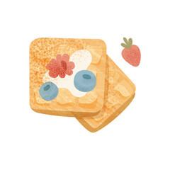 Sticker - Appetizing waffles with blueberry, raspberry, strawberry and condensed milk. Food for breakfast. Flat vector with texture