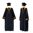 © vectorpocket - Graduation clothing, gown and cap vector realistic illustration. Traditional suit of school, college and university graduates with golden ribbon decoration, front and side view, isolated on white