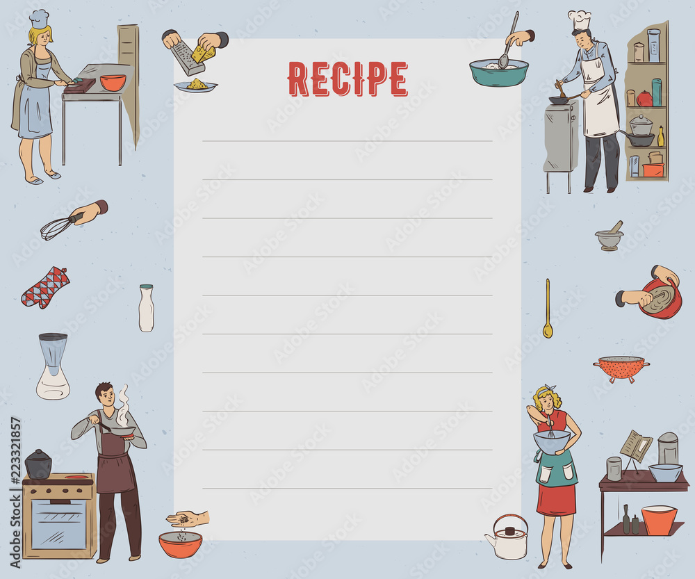 Recipe card. Cookbook page. Design template with people preparing meals ...