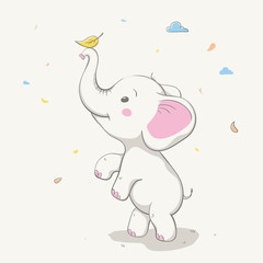 Wall Mural - Lovely cute elephant playing with yellow leaf. Card with cartoon animal.