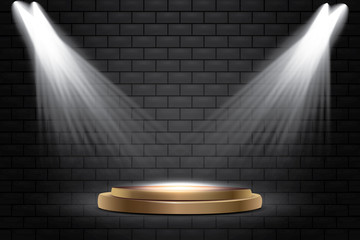 Round podium, pedestal or platform, lit by spotlights on a stone background. Stage with picturesque lights. Vector illustration.