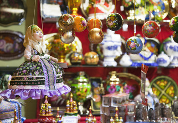 Wall Mural - Moscow, Russia - January 18, 2018: Red Square, Russian Souvenir counter with nested dolls.