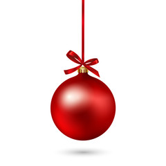 red christmas ball with ribbon and bow on white background. vector illustration.