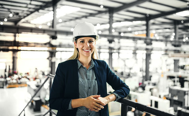 Wall Mural - A portrait of an industrial woman engineer standing in a factory.