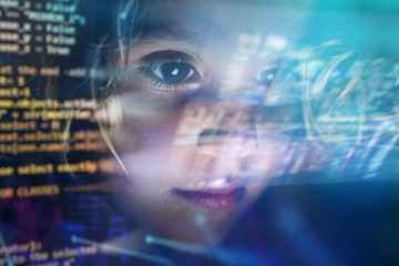 new technologies, a child uses a futuristic processor for augmented reality. high technology and communication concept. TV