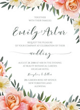 Wedding Floral Invite, Invitation Card.design With Garden Pink Peach, Orange Rose, Yellow White Magnolia Flower, Eucalyptus, Green Olive Tree Leaves Wreath Bouquet Frame Border. Romantic Vector Layout