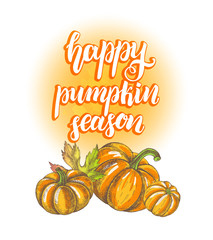 Wall Mural - Season Background. Greeting card with Ink hand drawn pumpkins. Autumn harvest elements composition with brush calligraphy style lettering. Vector illustration.