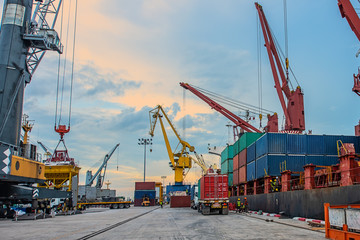 container port terminal working busy in operation of loading and discharging shipment being for transports sea and land in system of logistics services to international worldwide