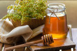 Flower Honey in glass jar with honey dipper on wooden table. Food ingredient and natural medicine concept.