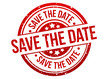 Save the Date Stamp Button Banner Badge in red. Eps10 Vector.