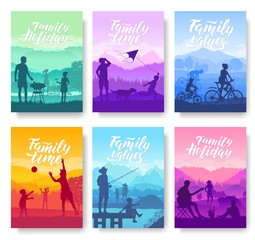 family vacation with children in nature brochure cards set. Friendly resorts  template of flyear, magazines, poster, books, invitation banners. Best Family getaways layout modern design booklet