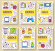 © chocostar - it geeks vector brochure cards thin line set. office professional developer template of flyear, magazines, posters, book cover, banners. Layout workplace technology outline illustrations modern pages