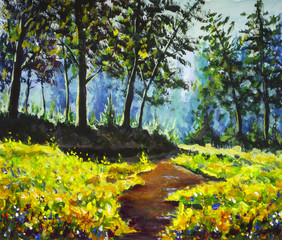 Sticker - River in a sunny forest painting landscape on canvas