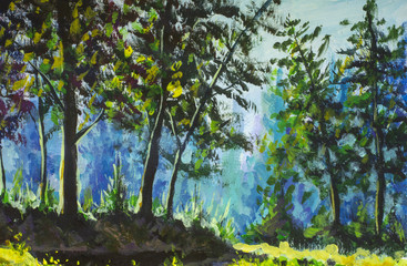 Sticker - Beautiful green trees in the forest - rural landscape, bright nature - handmade painting on canvas