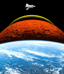 Wall Mural - spaceship flying into outer space in orbit of planet. planets of solar system. space explorer. space