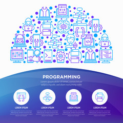 Wall Mural - programming concept in half circle with thin line icons: developer, code, algorithm, technical suppo