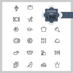 Poster - Cooking icons. Set of  line icons. Plate, saucepan, menu. Food preparation concept. Vector illustration can be used for topics like restaurant, food