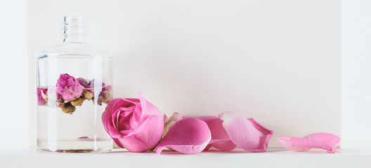 Wall Mural - bottle of natural herbal essential oil with pink roses on white surface