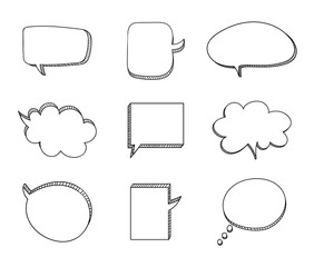 Wall Mural - Vector Set of Drawn 3D Talk Bubbles, Black Drawings, Isolated Frames.