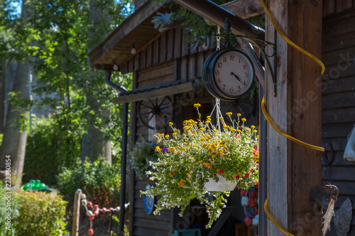 Fotografie, Obraz Alte Holzhütte mit Wanduhr und Blumenampel