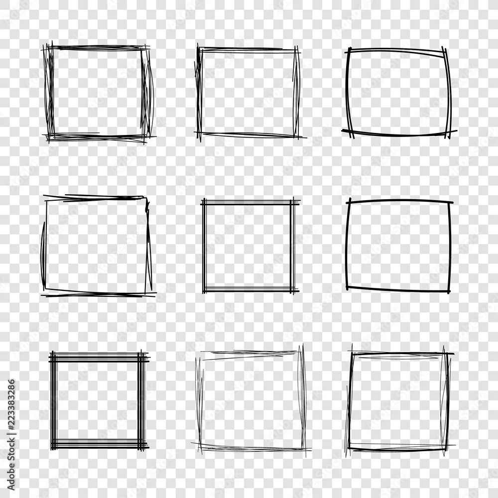 Vector Hand Drawn Scribble Square Frames on Transparent Background. - obrazy, fototapety, plakaty 