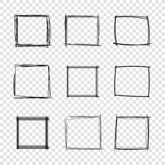vector hand drawn scribble square frames on transparent background.