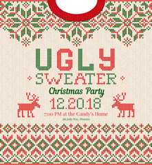 Wall Mural - Ugly sweater Christmas party invite. Vector illustration Handmade knitted background pattern with deers and snowflakes, scandinavian ornaments. White, red, green colors. Flat style